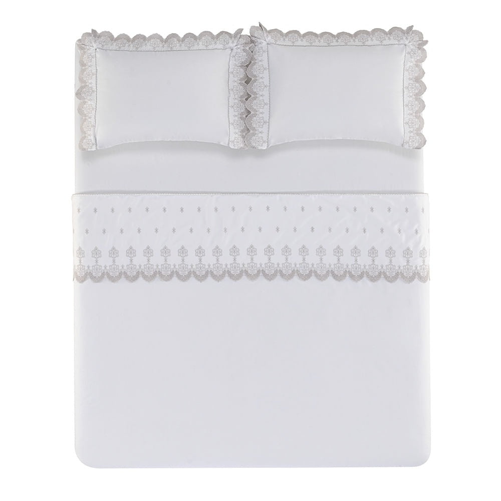 Jogo de Cama Queen Trussardi Ricami 300 Fios 100% Algodão Branco/Rose 2,40x3,00m