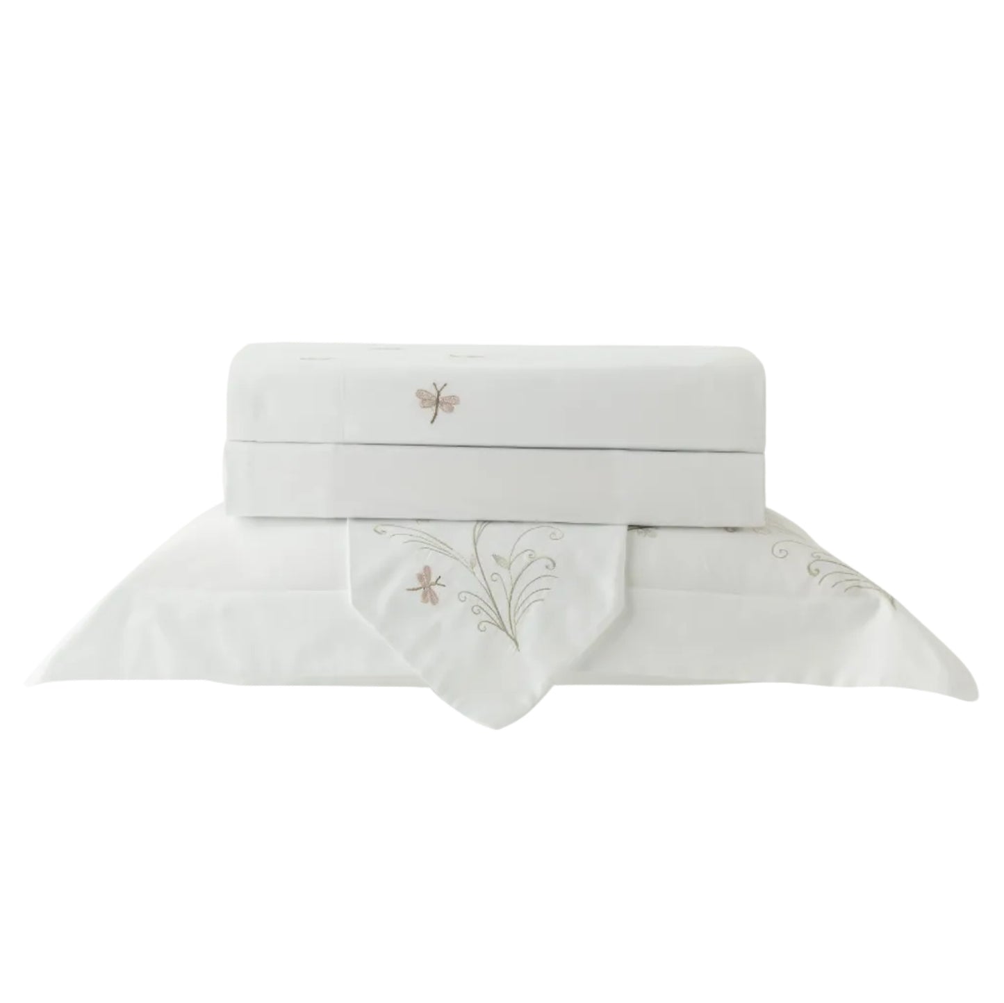 Jogo de Cama Kacyumara Bordado Libelulle Branco/Greenjoy King 300 Fios Cetim