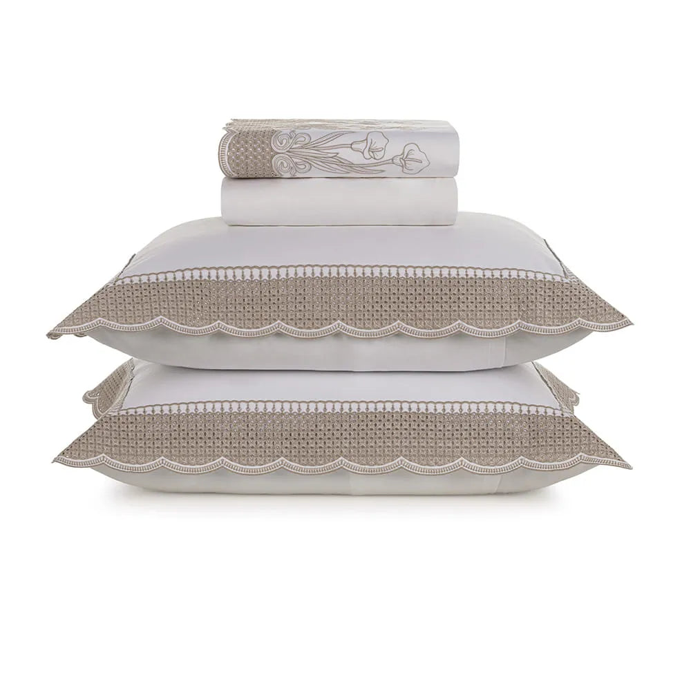 Jogo de Cama King Trussardi Martorana 300 Fios 100% Algodão Egípcio Branco/Legno 2,80m x 3,00m