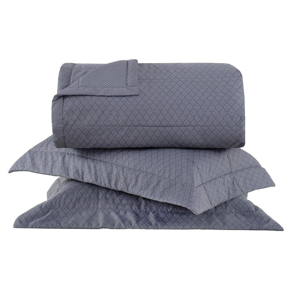 Kit Colcha Buddemeyer Trapuntada Gavin 3 Peças 200 Fios 100% Algodão Queen Cor Azul