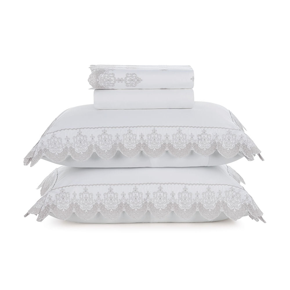Jogo de Cama Queen Trussardi Ricami 300 Fios 100% Algodão Branco/Rose 2,40x3,00m