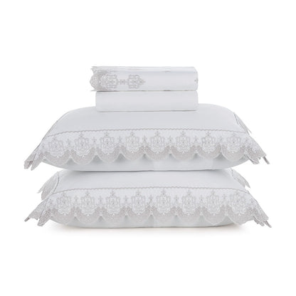 Jogo de Cama Queen Trussardi Ricami 300 Fios 100% Algodão Branco/Rose 2,40x3,00m