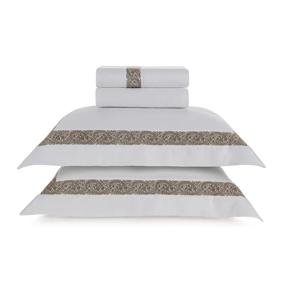 Jogo de Cama Trussardi Rosaria Branco e Fendi King 300 Fios Cetim