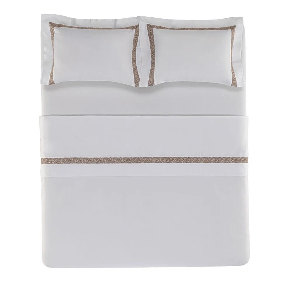 Jogo de Cama Trussardi Rosaria Branco e Fendi King 300 Fios Cetim