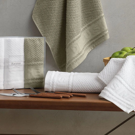 Jogo de 3 Panos de Copa Karsten Cuisine Branco e Verde 100% Algodão 46cm x 65cm