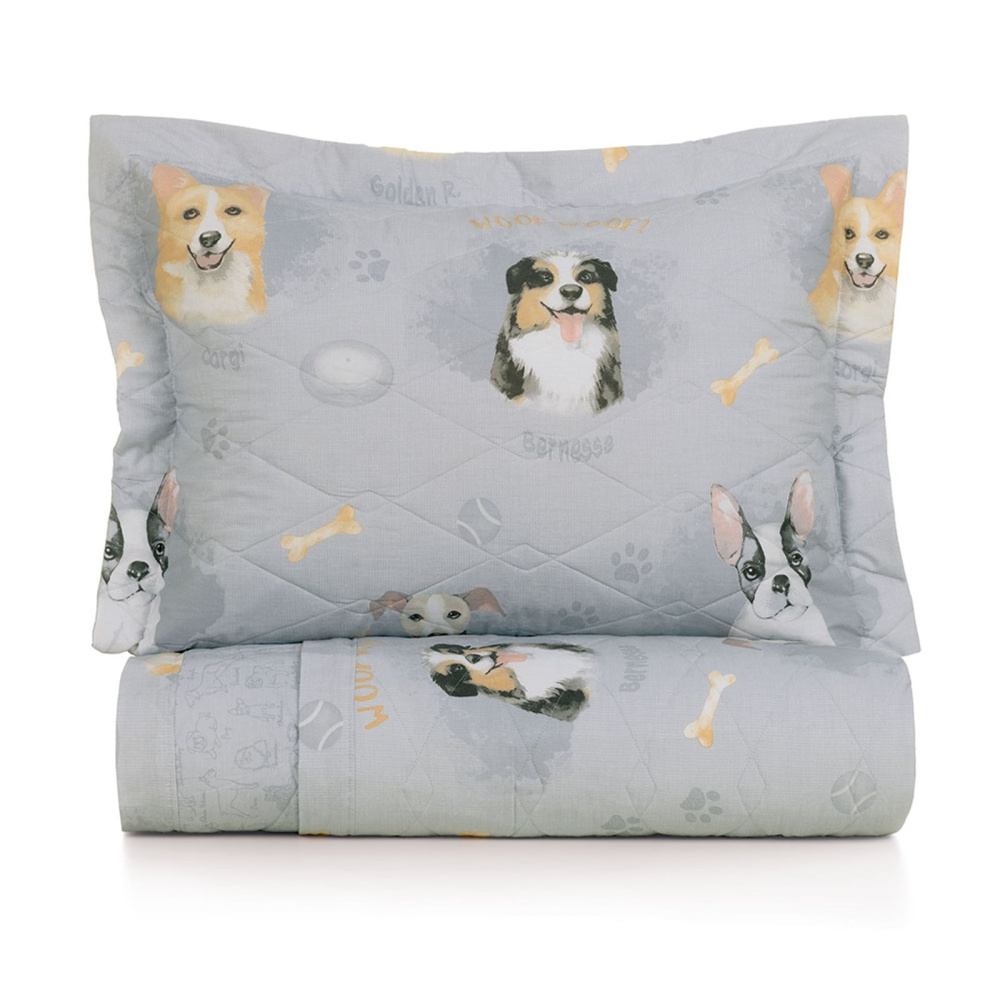 Colcha Infantil Solteiro com Porta Travesseiro 200 Fios 100% Algodão Dog