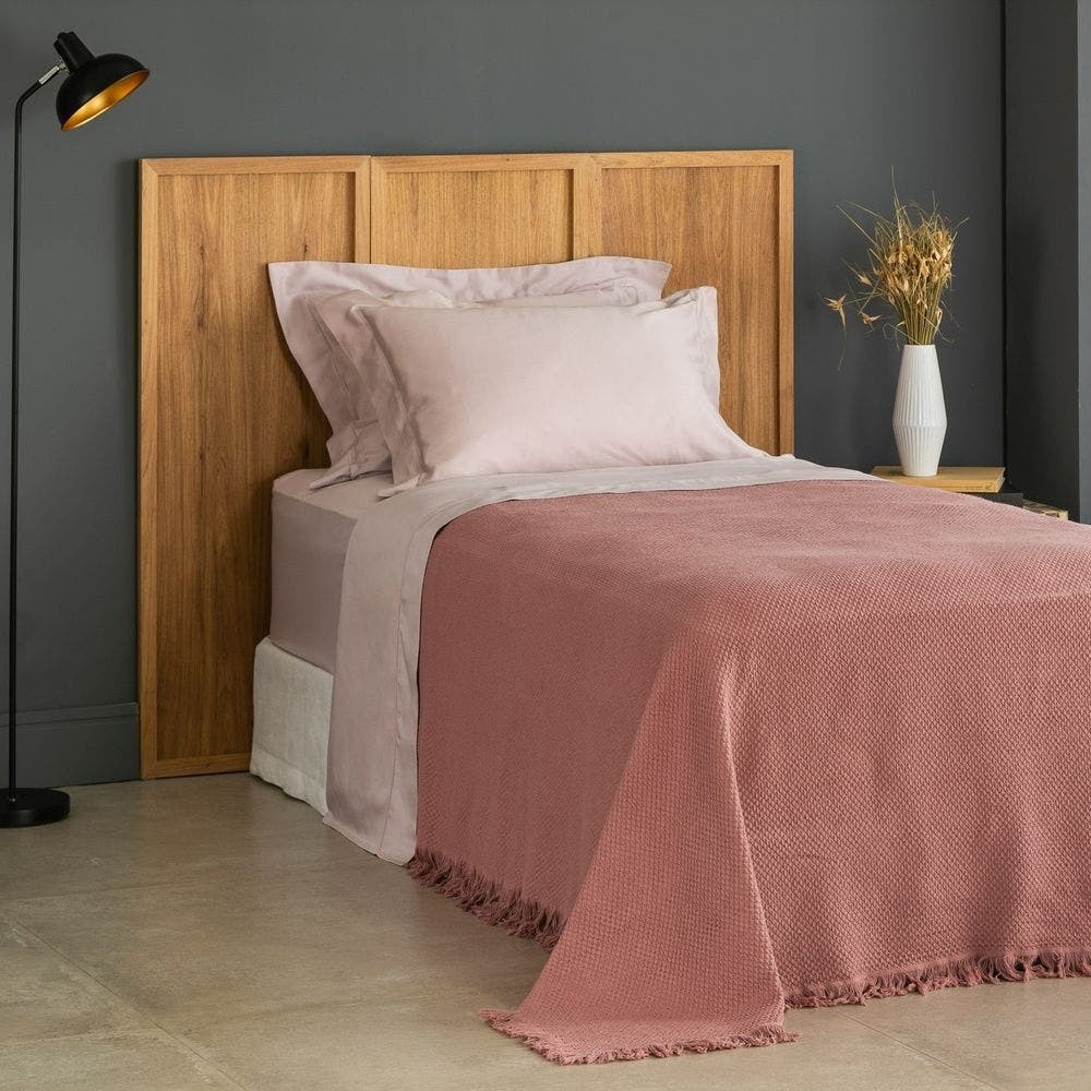 Colcha Buddemeyer Jacque com Franja Modelo 10014-103 100% Algodão Tricot Solteiro Cor Rosa