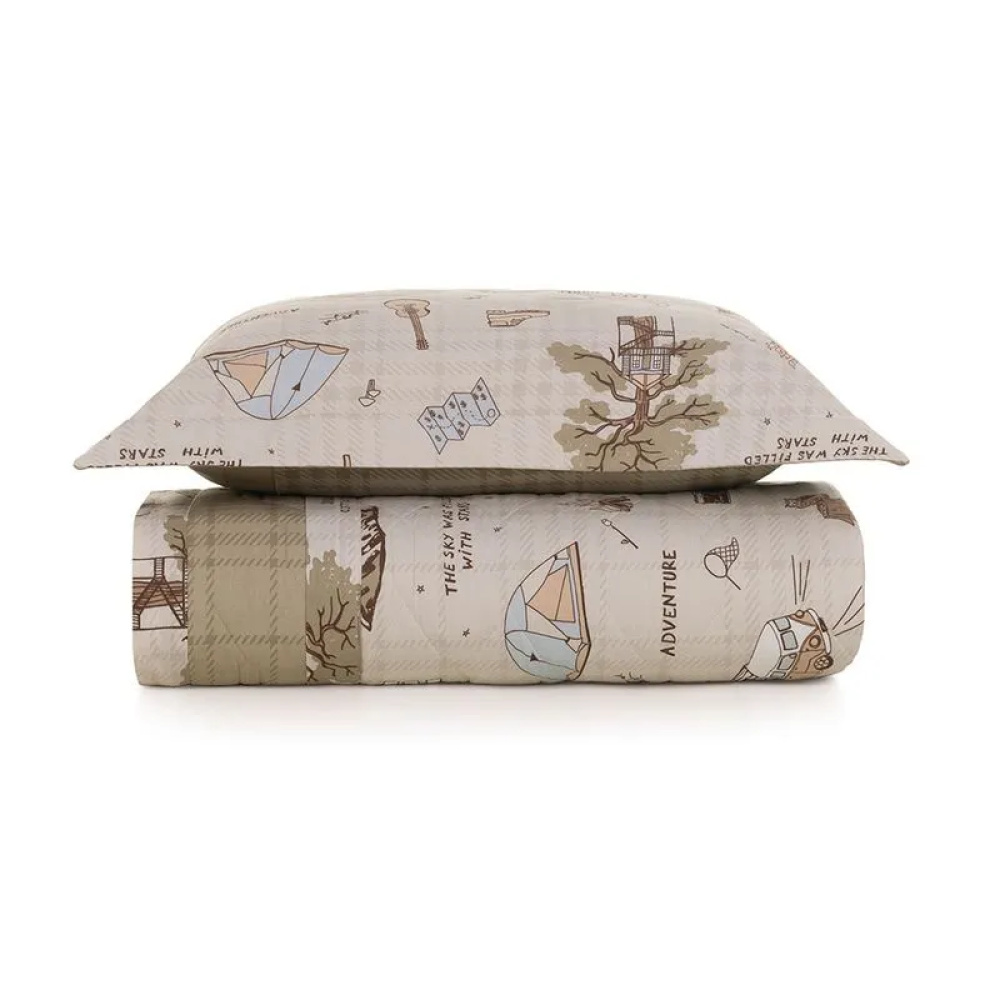 Colcha Infantil Solteiro com Porta Travesseiro 200 Fios 100% Algodão Aventura