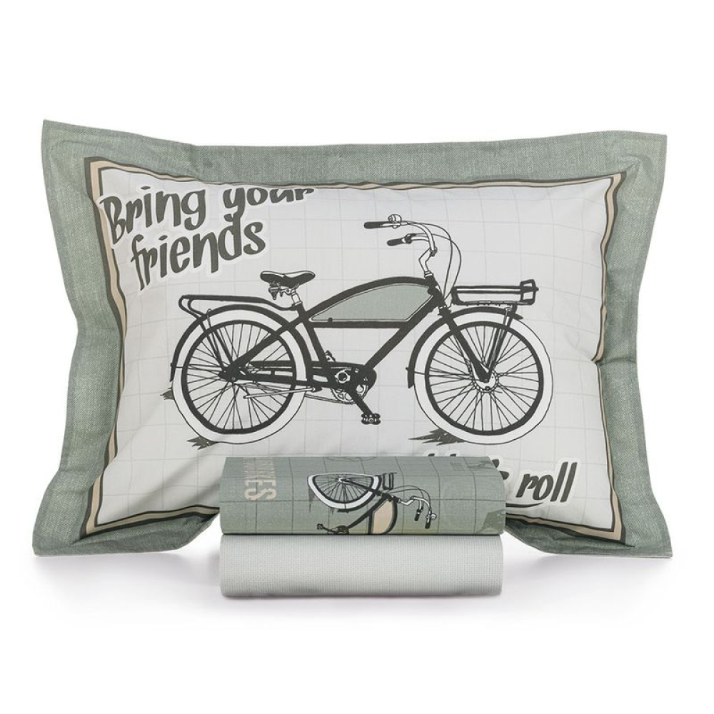 Jogo de Cama Karsten Bike Estampado 3 Peças 100% Algodão 180 x 250cm Solteiro Verde