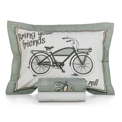 Jogo de Cama Karsten Bike Estampado 3 Peças 100% Algodão 180 x 250cm Solteiro Verde