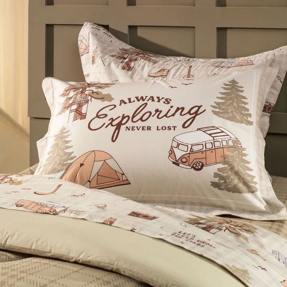 Colcha Infantil Solteiro com Porta Travesseiro 200 Fios 100% Algodão Aventura