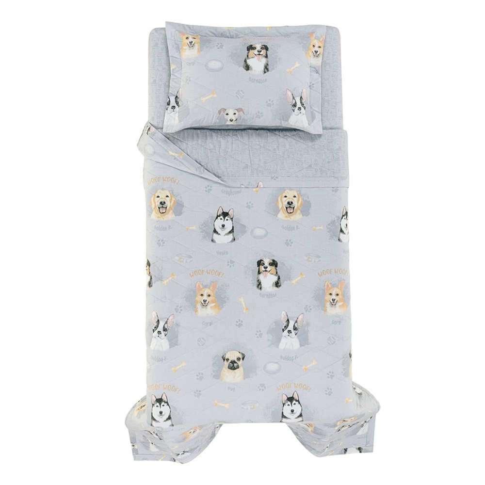 Colcha Infantil Solteiro com Porta Travesseiro 200 Fios 100% Algodão Dog