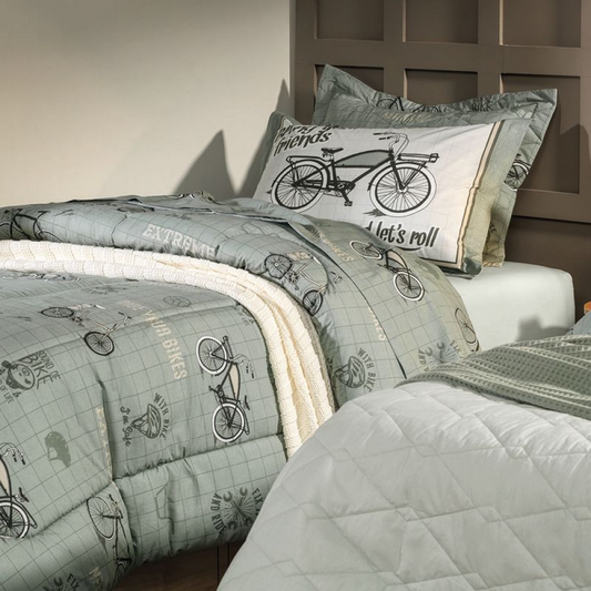 Jogo de Cama Karsten Bike Estampado 3 Peças 100% Algodão 180 x 250cm Solteiro Verde