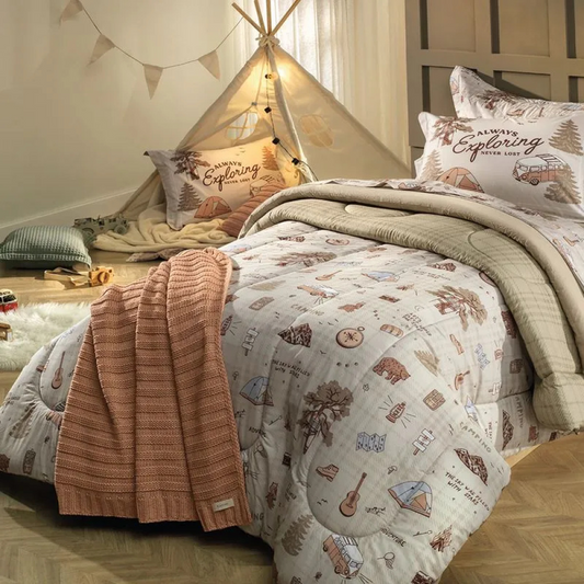 Colcha Infantil Solteiro com Porta Travesseiro 200 Fios 100% Algodão Aventura