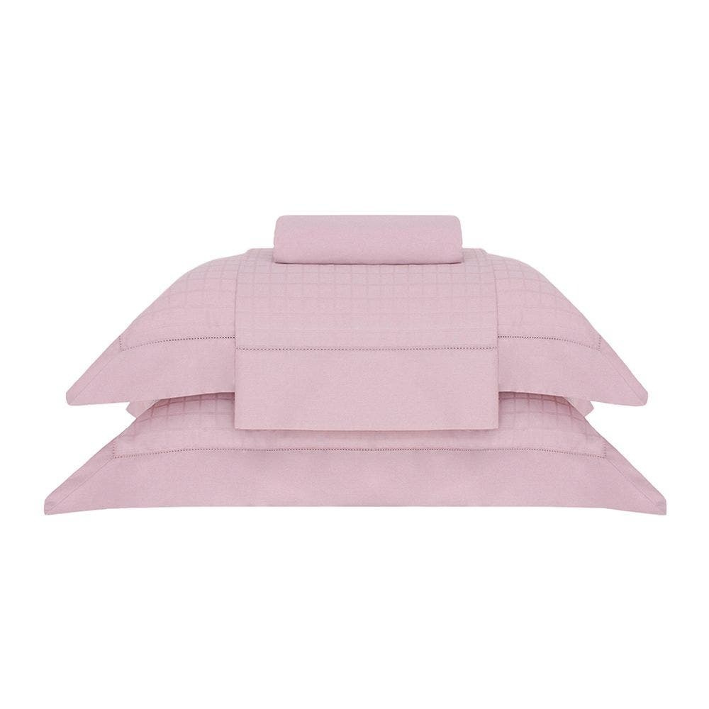 Jogo de Cama Cetim Damask Square 300 Fios 100% Algodão Queen Cor Rosa