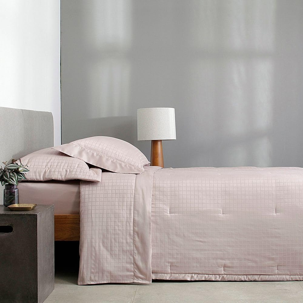 Kit Colcha Buddemeyer Damask Square 2 Peças 300 Fios 100% Algodão Cetim Solteiro Cor Rosa