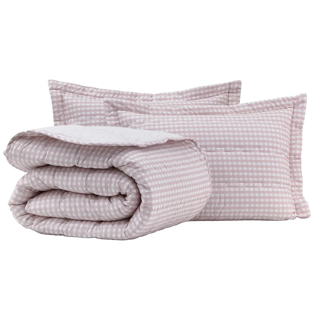 Kit Colcha Naturalle Vichy Queen Rosa Dupla Face 100% Algodão 200 Fios