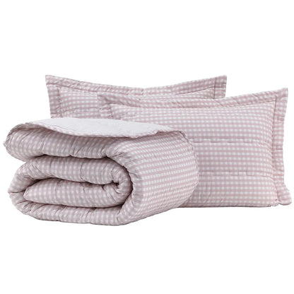 Kit Colcha Naturalle Vichy Queen Rosa Dupla Face 100% Algodão 200 Fios